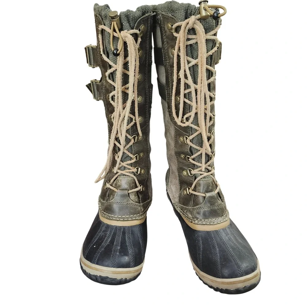 Sorel Conquest Carly Tall Waterproof Winter Boots Olive‎ Green Leather Womens 10